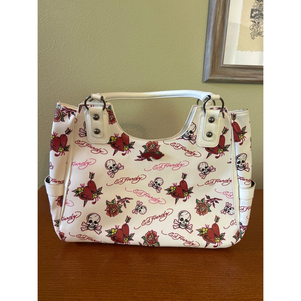 Ed Hardy Tattoo Print Shoulder Bag White Skull Rose Heart Y2K Satchel Tote
